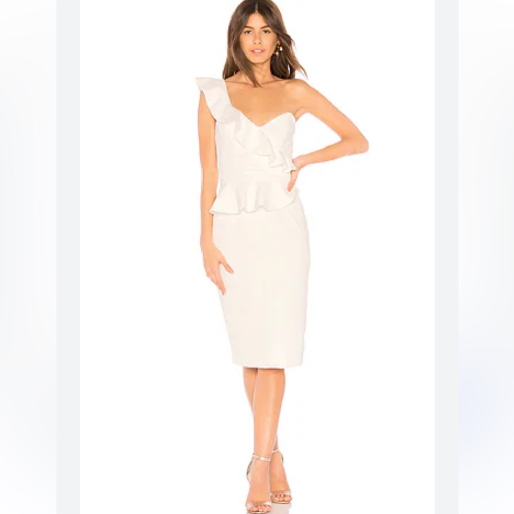 Bardot Camelia One-Shoulder Ruffle Midi Dress in Ivory Size 6